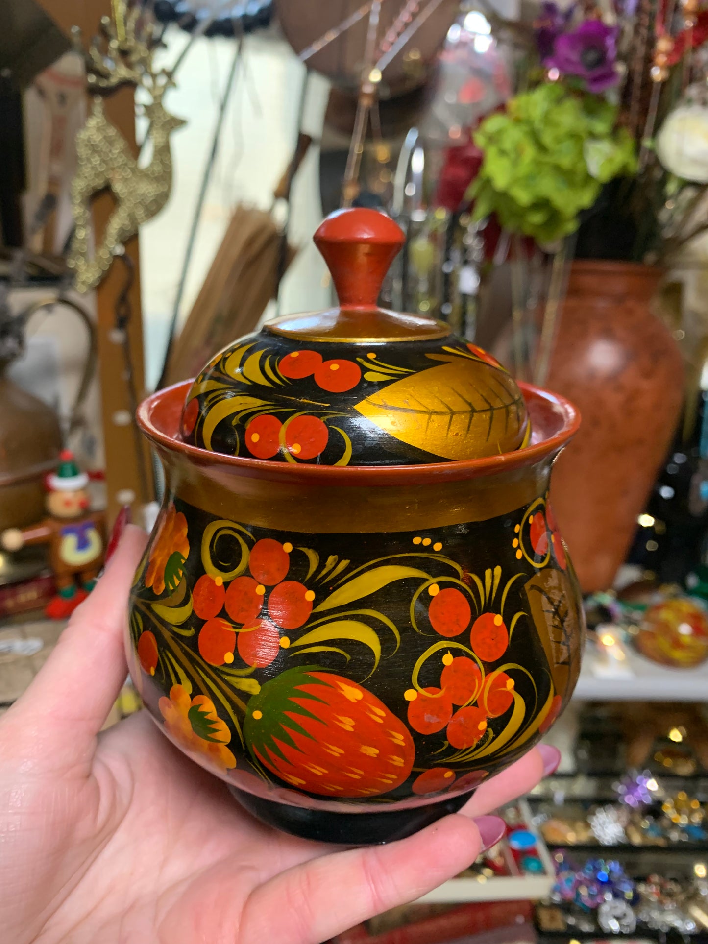 Vintage Pot - Red with Strawberry Painting