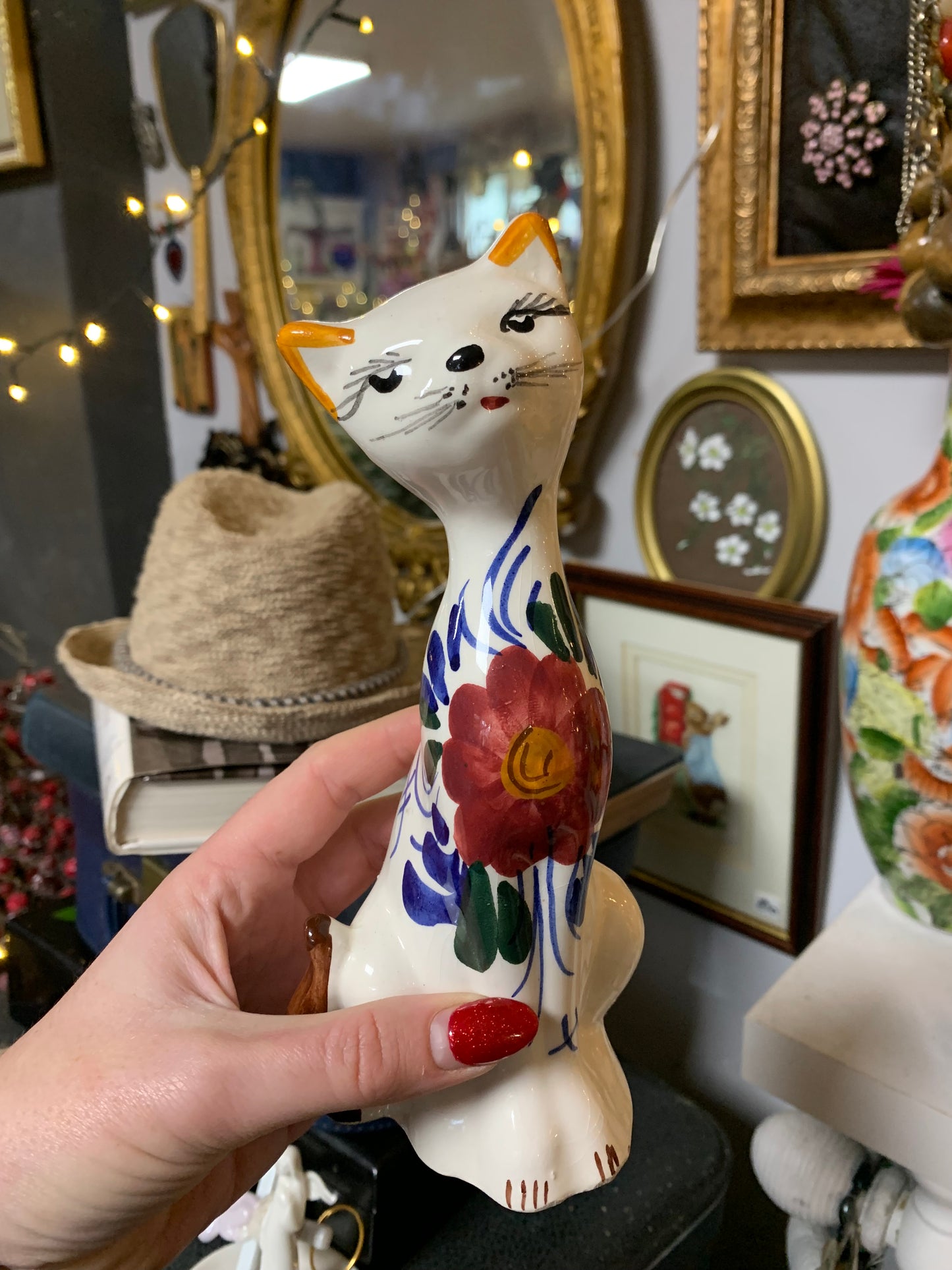 Beautiful floral painted vintage cat